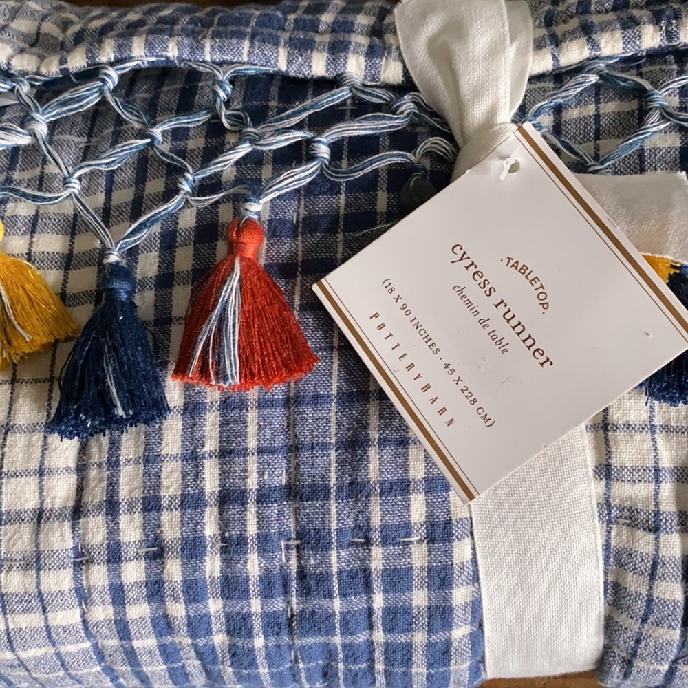 Pottery Barn Cyress Tassel Plaid Table Runner